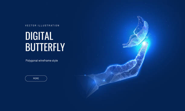 ilustrações, clipart, desenhos animados e ícones de borboleta digital na mão no estilo futurista digital. o conceito do metaverso ou a criação de novas tecnologias. ilustração vetorial com efeito de luz e neon - butterfly net