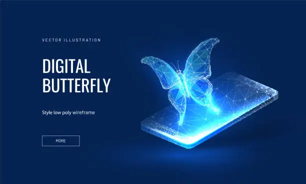 Vector illustration of Digital butterfly on smartphone background in digital futuristic style. The concept of developing an online startup or blackchain technology. Vector illustration with light effect and neon