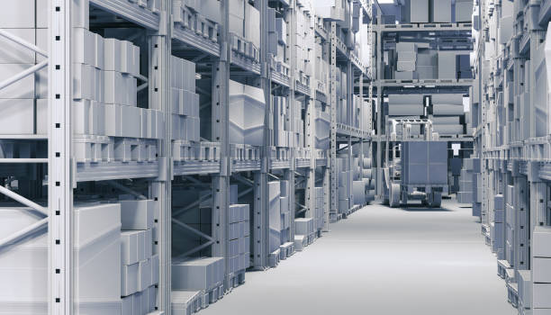 istock interior of a warehouse with forklift and shelves. 1398110772