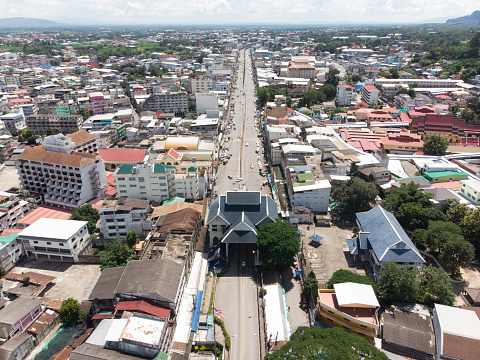 Aerial view from a drone that shows the border town of Mae Sai District, Thailand, And international immigration Tachileik District Of Myanmar