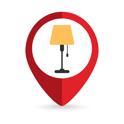 Map pointer with Table lamp icon. Vector illustration.