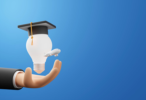Study abroad concept design of business hand and light bulb with graduation cap and plane 3D render