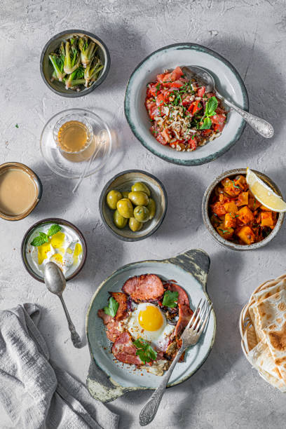 istock Healthy Turkish breakfast spread in the bright morning, white background 1398111619