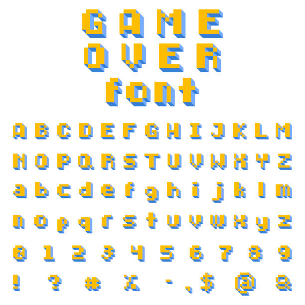 ilustrações, clipart, desenhos animados e ícones de fonte de videogame pixel. tipo retrô oldschool. símbolos, letras e números de 8 bits. - letter e typewriter typebar typewriter key