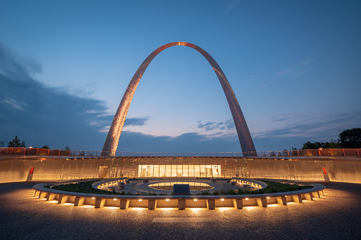 St. Louis, Missouri, USA - August 25, 2018: The Gateway Arch and Visitor Center in Gateway Arch National Park at dawn.