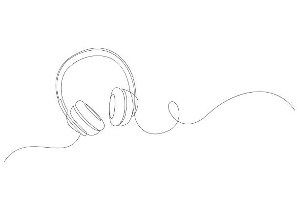 ヘッドフォンの1本の線画。スピーカーデバイスガジェットの手描きイラスト。 - chill out audio点のイラスト素材／クリップアート素材／マンガ素材／アイコン素材