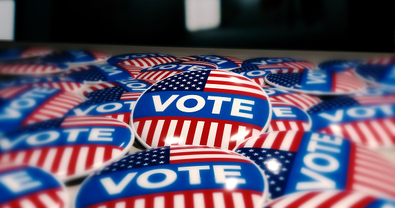 3d rendering of round pin illustration to support the American presidential election voting, focus in the middle of the area