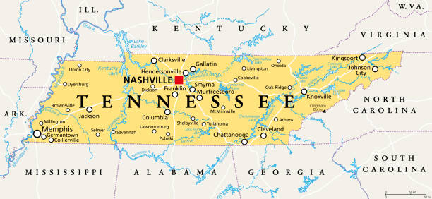 Tennessee, TN, political map, US state, nicknamed The Volunteer State Tennessee, TN, political map, with capital Nashville, largest cities, lakes and rivers. State of Tennessee. Landlocked state in Southeastern region of the United States, nicknamed The Volunteer State. tennessee stock illustrations