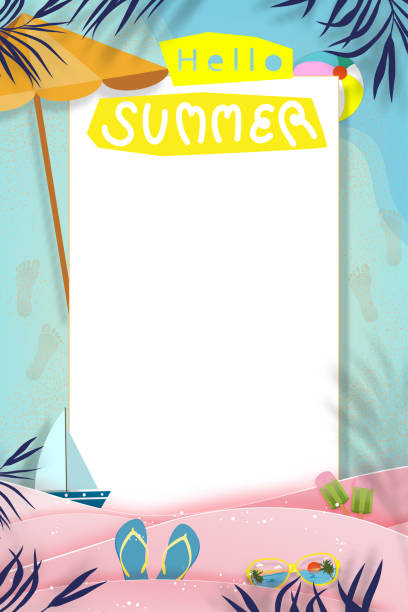 ilustrações de stock, clip art, desenhos animados e ícones de summer background beach vacation holiday theme in pink wave layer on sea blue, vector illustration vertical banner paper cut tropical summer design elements, palm leaf, sandal,footprint on sand beach - slipper beach backgrounds sea