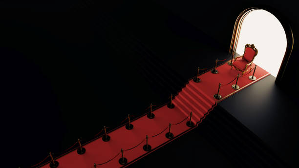 계단과 레드 카펫과 왕 안락 의자가있는 높은 연단, 왕의 왕좌, vip 왕좌, 붉은 왕좌, - carpet red nobility rope 뉴스 사진 이미지