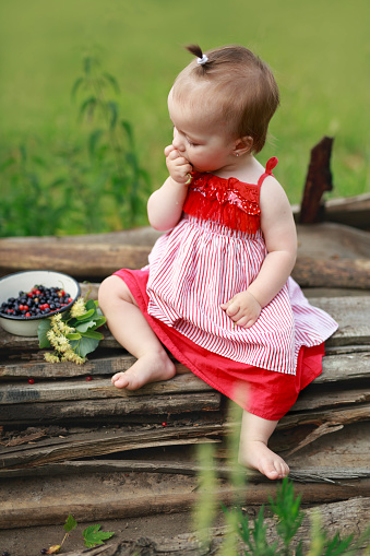 Child eats red currant berries and blueberries with an appetite from a plate sitting in garden on old planks. Afternoon in nature. Benefits of eating berries and fruits rich in vitamins and minerals