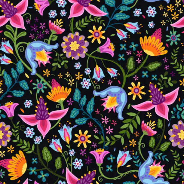 Vector illustration of Lovely hand drawn floral seamless pattern with coloful flowers and leaves, vibrant background, great for textiles, surfaces, backgrounds, banners, wallpapers - vector design