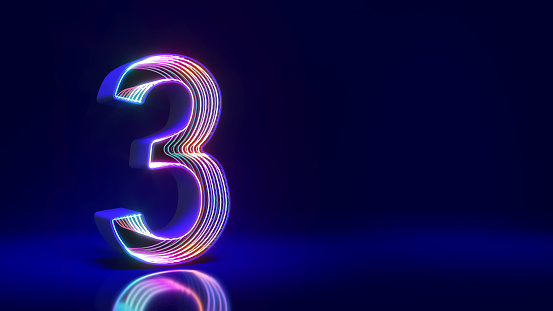 Number three sci-fi style Neon lights on dark blue background,3d rendering