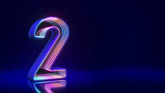 Number two sci-fi style Neon lights on dark blue background,3d rendering