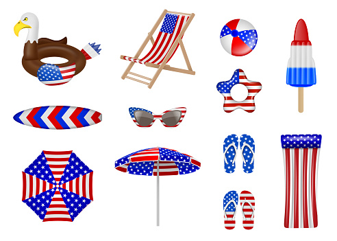 4th of july beach party elements. set of isolated summer elements with usa flag colors. american independence elements vector