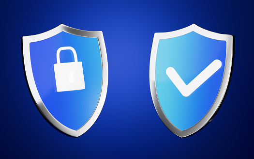 Shield with check and lock in the blue background, 3d rendering. Computer digital drawing.