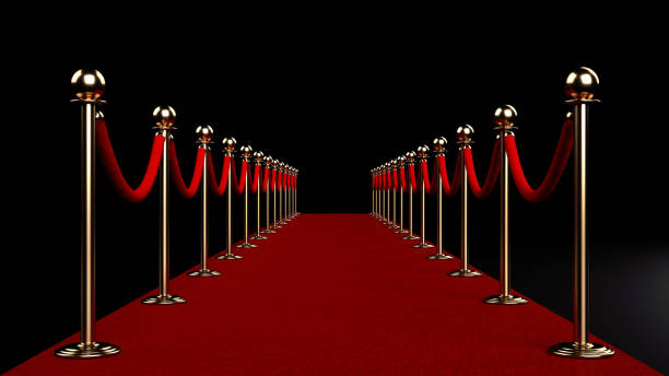 Red Carpet And Golden Barrier Background - 3D Illustration Red Carpet And Golden Barrier Entrance On Black Background. roped off stock pictures, royalty-free photos & images