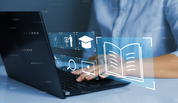 istock Education on internet Technology. E-learning education and internet lessons. Person who attends online lessons on a digital screen 1398123123