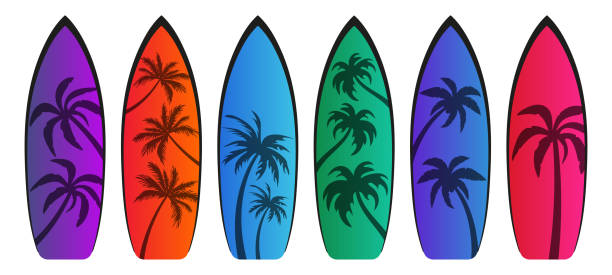 bildbanksillustrationer, clip art samt tecknat material och ikoner med colorful surfboards vector isolated on white - longboarding surfing