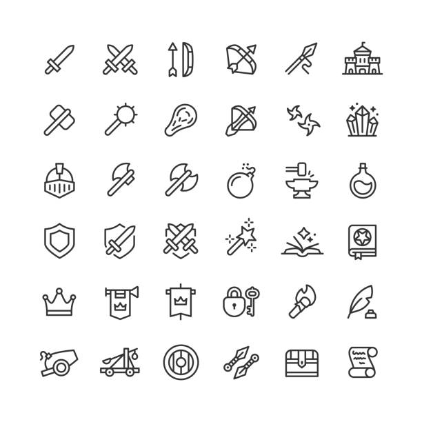 Medieval Line Icons Editable Stroke Set of medieval line vector icons. Editable stroke. spear icon stock illustrations