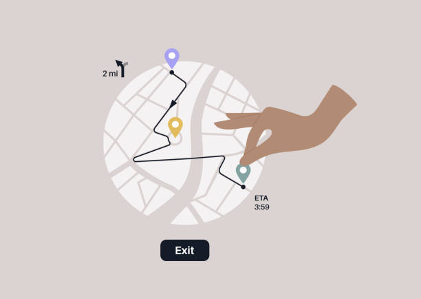 A hand placing a geo tag pin on a city map route, online navigation A hand placing a geo tag pin on a city map route, online navigation mobility as a service stock illustrations