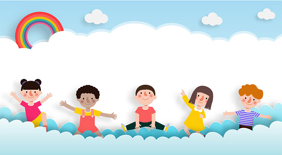 Happy children jumping greeting card in paper cut style with group of kids background poster for advertising brochure banner Template ready for use in web or print design isolated vector illustration