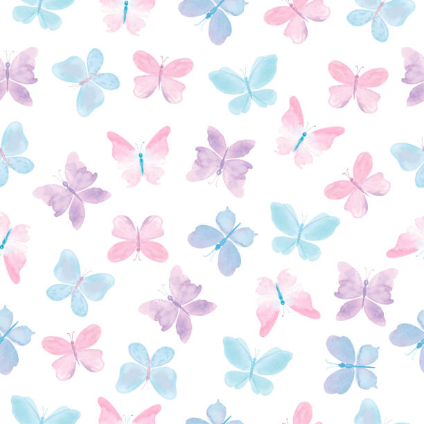 ilustraciones, imágenes clip art, dibujos animados e iconos de stock de patrón sin costuras de mariposa de acuarela. arte vectorial - butterfly backgrounds seamless pattern