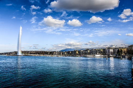 Morning View Of Jet d'Eau On Lake Geneva In Geneva, Switzerland