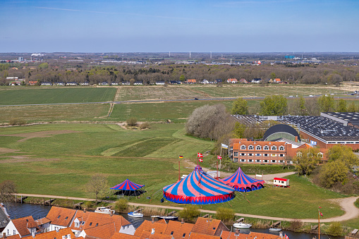 View from the tower of the cathedral in Ribe, which is the oldest town in Denmark and is situated to the south west on the peninsular Jutland - the circus in the outskirts of the town has both German and Danish national flags