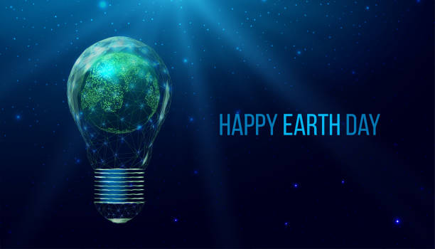ilustrações de stock, clip art, desenhos animados e ícones de wireframe polygonal plant in a lightbulb. saving energy ecology concept with glowing low poly plant in bulb. futuristic modern abstract. isolated on dark blue background. vector illustration - earth day banner placard green