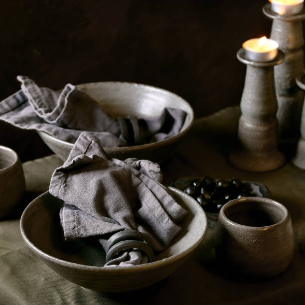 rustic table setting with craft ceramic tableware - tablesetting imagens e fotografias de stock