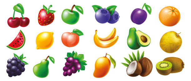 illustrazioni stock, clip art, cartoni animati e icone di tendenza di casino slot fruit vector icon set, pera, fragola lucida, macchina da gioco ciliegia vegas kit illustrazione. - plum