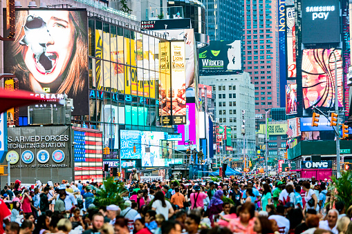 NEW YORK CITY, USA - May 28, 2016: Crowds of tourists in New York's iconic Times Square during the busy summer