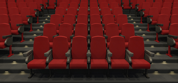 3D illustrations of rows of empty red chairs located in movie theater auditorium