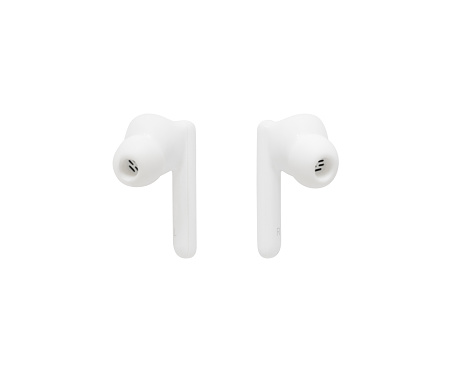 Pair of white wireless earbuds isolated on white background