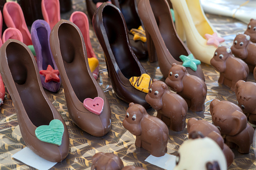 Special chocolate, with hart, shoe offer on Saturday food market in Ljubljana, Slovenia. There are some baby hippos too.