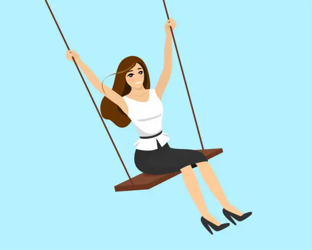 Vector illustration of Smiling swinging beautiful woman. Happy successful businesswoman relaxing and playing on swing. Female business success and profit concept. Vector illustration
