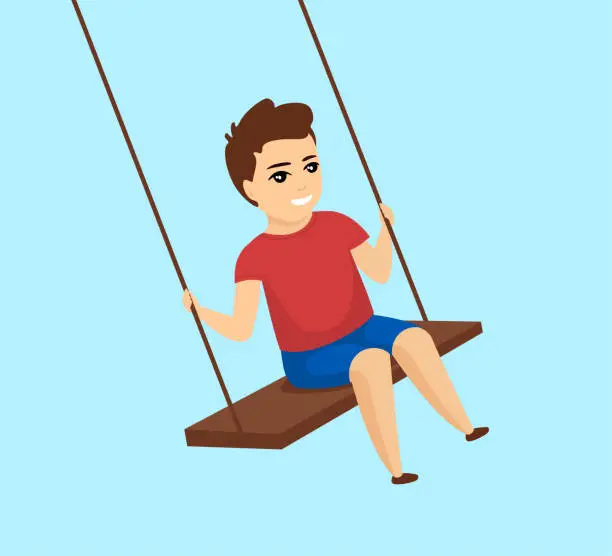 Vector illustration of Smiling swinging boy. Happy cute little male kid play swing. Vector illustration
