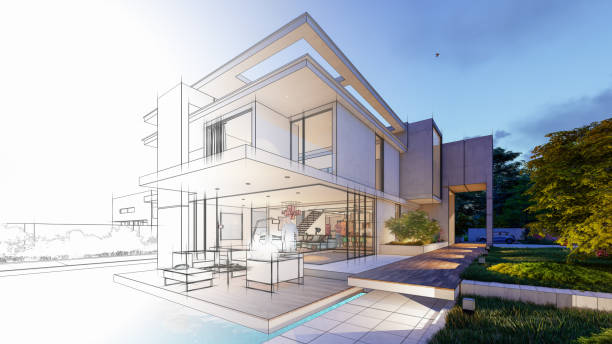 palazzo moderno di lusso con piscina - house home interior water glass foto e immagini stock