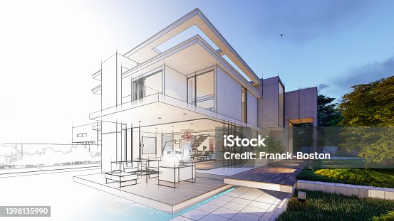 istock Upscale modern mansion with pool 1398135990