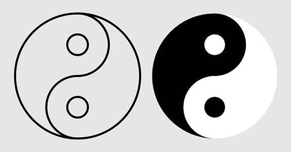 Linear icon, yin yang symbol. Black and white sign of harmony in Eastern philosophy and medicine. Simple vector isolated on light background