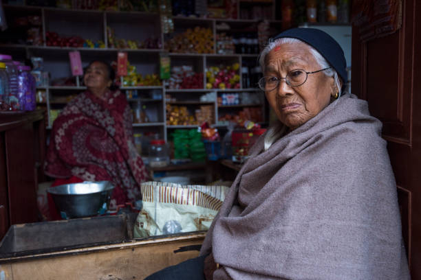 Kathmandu, Nepal- April 20,2019 : Portrait of older Nepalese in Patan Durbar Square.