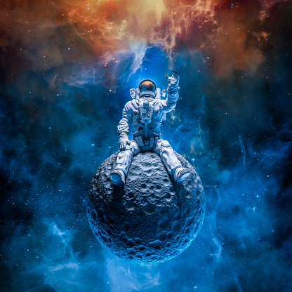 3D illustration of science fiction space suited lonely figure on small asteroid reaching for the stars in outer space