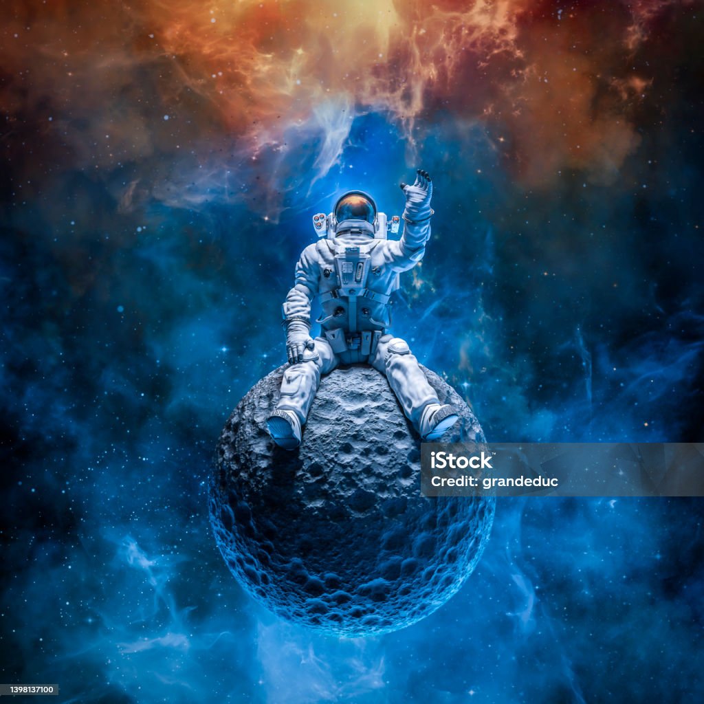 Astronaut sitting on moon 3D illustration of science fiction space suited lonely figure on small asteroid reaching for the stars in outer space Astronaut Stock Photo