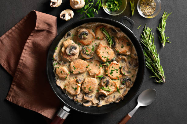 Pork medallions with mushroom gravy Pork medallions with mushroom gravy in cast iron pan over dark stone background. Top view, flat lay scaloppini stock pictures, royalty-free photos & images