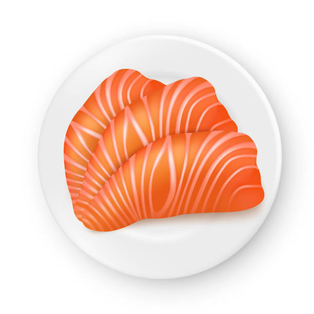 istock Vector realistic salmon wedges on a white porcelain plate. Seafood illustration. View from above 1398137781