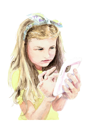 Aquarelle drawing of cute blond girl using smartphone on white background. A teenager messaging or playing on the telephone. Hand drawn watercolor illustration processed to fully vector file.