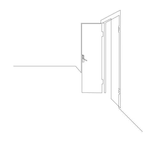 Vector illustration of Open front door. Entrance to a room or office. Continuous line drawing. Vector illustration.