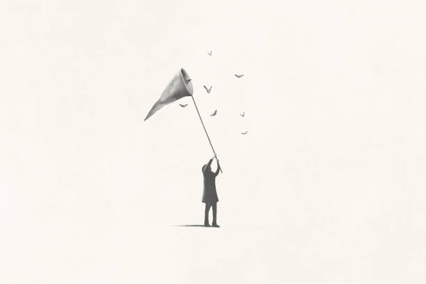 Illustration of man catching butterfly, surreal minimal concept vector art illustration