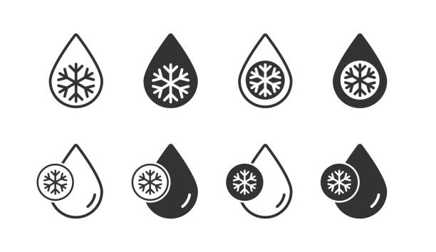 zestaw ikon rozmrażania. ikona płatka śniegu i kropli. płaska ilustracja wektorowa. - refrigeration cycle stock illustrations